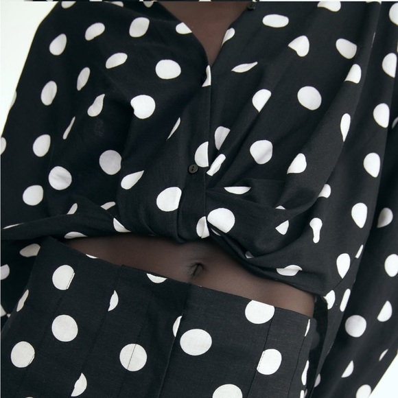 Zara NWT linen black & white polka dot knot front button front long sleeve shirt - Picture 4 of 10